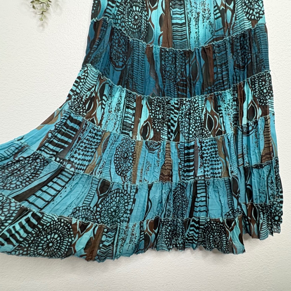 Sunny Leigh Turquoise Brown Abstract Tribal Tiered Maxi Skirt XL Boho Geometric - Picture 4 of 7